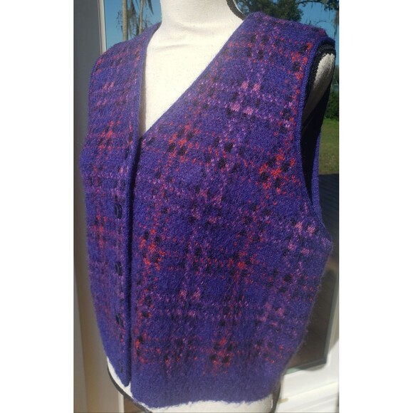 Vintage 90s LizSport Purple Plaid Mohair Button Up Academia Sweater Vest Sz L - Picture 4 of 14